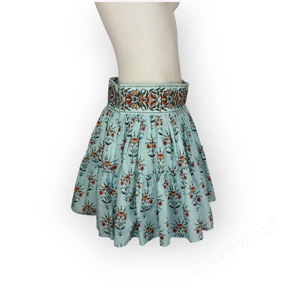 Large NEW Agua by AguaBendita Grosella Floral Tie Tiered Miniskirt Monarca Azul - Picture 5 of 11